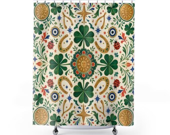 Cortina de ducha Lucky, diseño de trébol y herradura de arte popular, decoración de baño colorida en oro esmeralda, arte alegre para el baño de invitados de una casa de campo