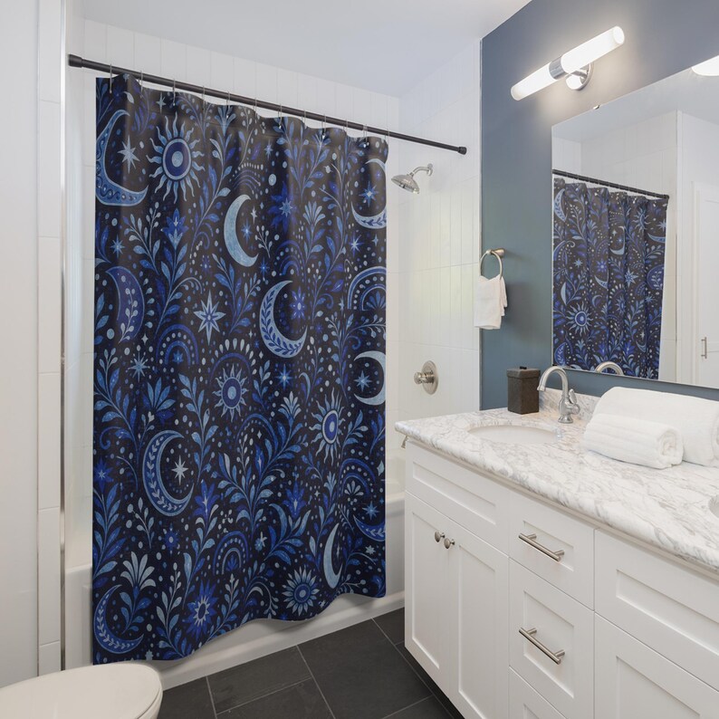 Navy Celestial Shower Curtain, Navy Blue Moon Bathroom Decor, Celestial Floral Bath Curtain, Guest Bath Decor, Small Bathroom Decor image 3