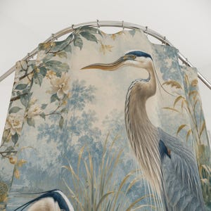 Blue Green Heron Shower Curtain, Lotus Pond Bird Bath Curtain, Botanical Floral Bathroom Decor, Chinoiserie Nature Art, Guest Bath image 4