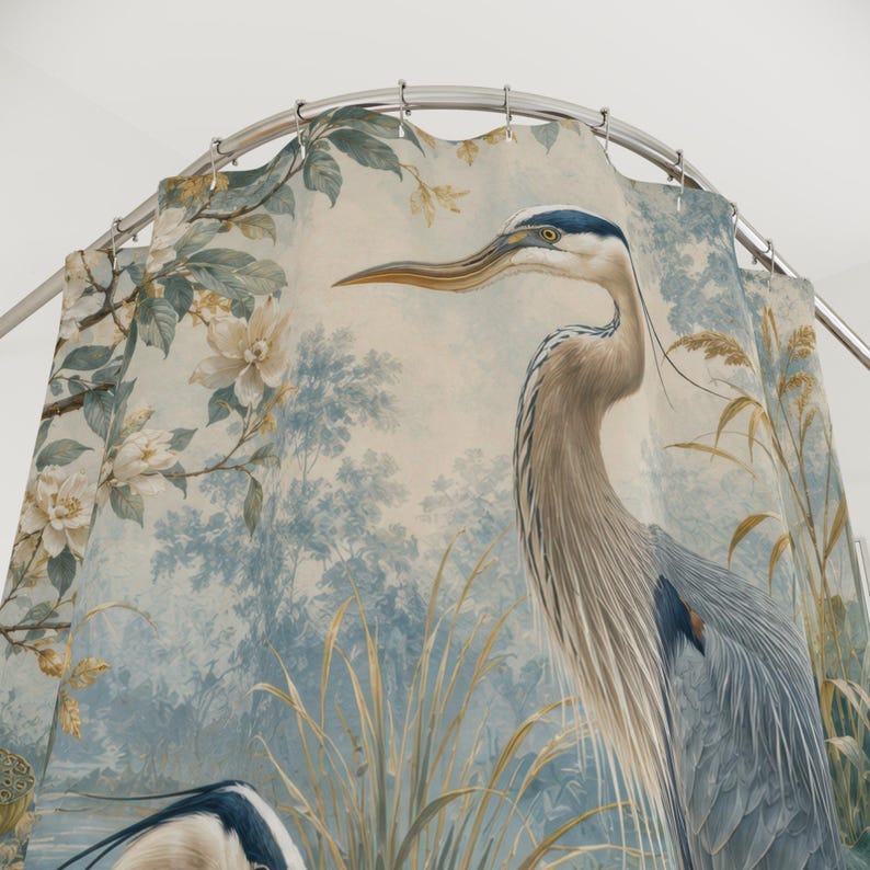 Blue Green Heron Shower Curtain, Lotus Pond Bird Bath Curtain, Botanical Floral Bathroom Decor, Chinoiserie Nature Art, Guest Bath image 4
