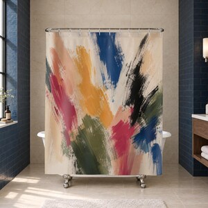 Colorful Abstract Shower Curtain, Modern Brush Stroke Art, Pink Blue Yellow Paint Marks, Bright Bold Modern Bathroom Decor, Guest Bath