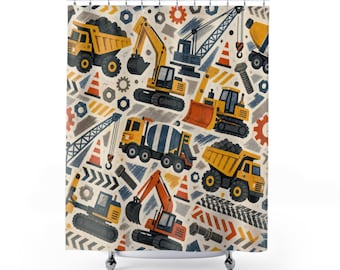 Cortina de ducha con diseño de camión de construcción, decoración de baño infantil con excavadora, cortina de baño con diseño de camión volquete, arte de baño con diseño de vehículo para niños, decoración de baño para niños