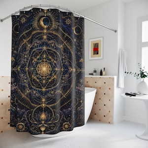Celestial Mandala Shower Curtain, Sacred Geometry Moon and Lotus Print, Navy Gold Mystical Boho Bathroom Decor, Spiritual Bath Curtain image 2