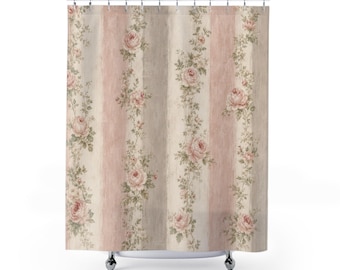 Rideau de douche à rayures roses, motif shabby chic guirlande de roses, décoration de salle de bain cottage ivoire, style de décoration de bain d'invité cottage romantique doux