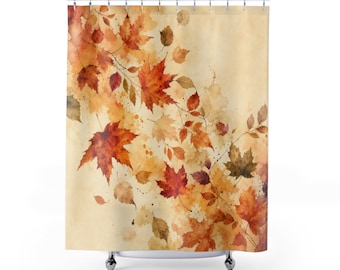 Autumn Leaves Shower Curtain, Watercolor Maple and Birch Cascade, Rust and Ochre Botanical Art, Airy Fall Cottage Guest Bathroom Decor