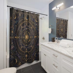 Celestial Mandala Shower Curtain, Sacred Geometry Moon and Lotus Print, Navy Gold Mystical Boho Bathroom Decor, Spiritual Bath Curtain image 3