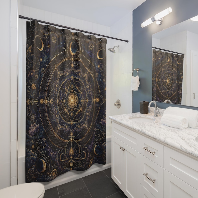 Celestial Mandala Shower Curtain, Sacred Geometry Moon and Lotus Print, Navy Gold Mystical Boho Bathroom Decor, Spiritual Bath Curtain image 3