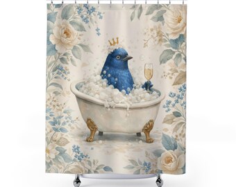 Funny Bird Shower Curtain, Blue Bubble Bath Art, Whimsical Floral Bathroom Decor, Cottagecore Clawfoot Tub, Champagne Bird Home Gift