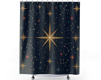 Cortina de ducha con estrellas, estampado de constelaciones celestiales Art Déco, decoración de baño en azul marino y dorado, un toque moderno y espectacular para el baño de invitados.