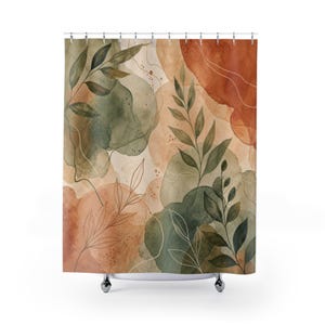 Terracotta saliegroene douchegordijn, groene botanische badkamerdecoratie, zacht aquarel bladpatroon, rustgevende gastenbadkamer met natuurlijke bladmotieven en warme uitstraling.
