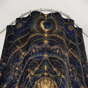 Celestial Mandala Shower Curtain, Sacred Geometry Moon and Lotus Print, Navy Gold Mystical Boho Bathroom Decor, Spiritual Bath Curtain image 4
