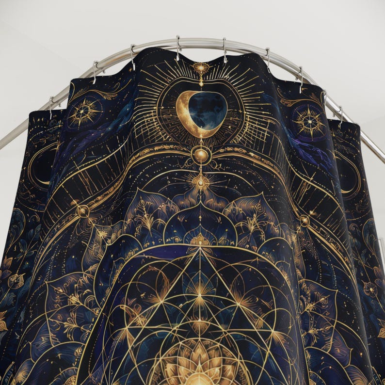 Celestial Mandala Shower Curtain, Sacred Geometry Moon and Lotus Print, Navy Gold Mystical Boho Bathroom Decor, Spiritual Bath Curtain image 4