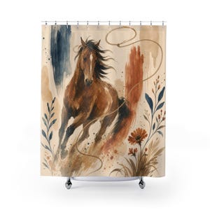 Duschvorhang mit Pferdemotiv, Western-Ranch-Badezimmerdeko, malerisches Rodeo-Lasso-Muster, rostorange Wanddeko im Pferdestil für Gäste-WC