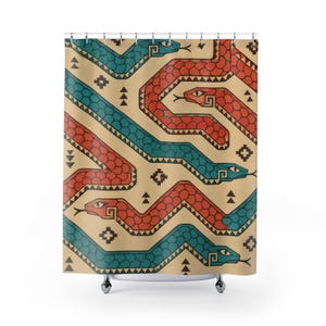 May include: A shower curtain featuring a repeating pattern of teal and red snakes on a tan background. The snakes have geometric scale details and black outlines. Small black geometric symbols, including triangles and crosses, are scattered between the snakes.