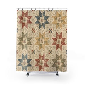May include: A shower curtain featuring a repeating pattern of multi-colored stars in red, blue, yellow, and green. Each star contains a central floral motif. The background is a cream fabric with a delicate, thin brown vine and leaf print.