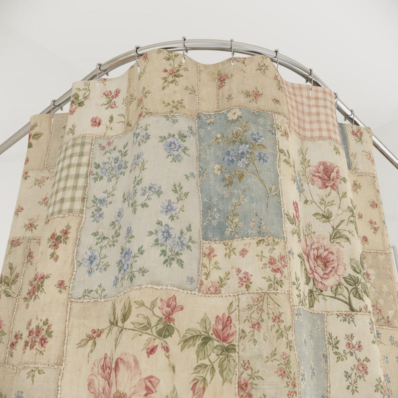 Cottagecore Shower Curtain, Vintage Floral Patchwork Bath Decor, Blue Cream Quilt Pattern, Soft Farmhouse Guest Bathroom Decor Style image 2