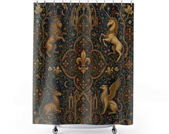 Medieval Shower Curtain, Gothic Heraldic Tapestry Bathroom Decor, Navy Gold Unicorn Lion Fleur de Lis Bath Curtain, Vintage Castle Gift