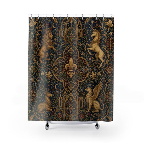 Medieval Shower Curtain, Gothic Heraldic Tapestry Bathroom Decor, Navy Gold Unicorn Lion Fleur de Lis Bath Curtain, Vintage Castle Gift