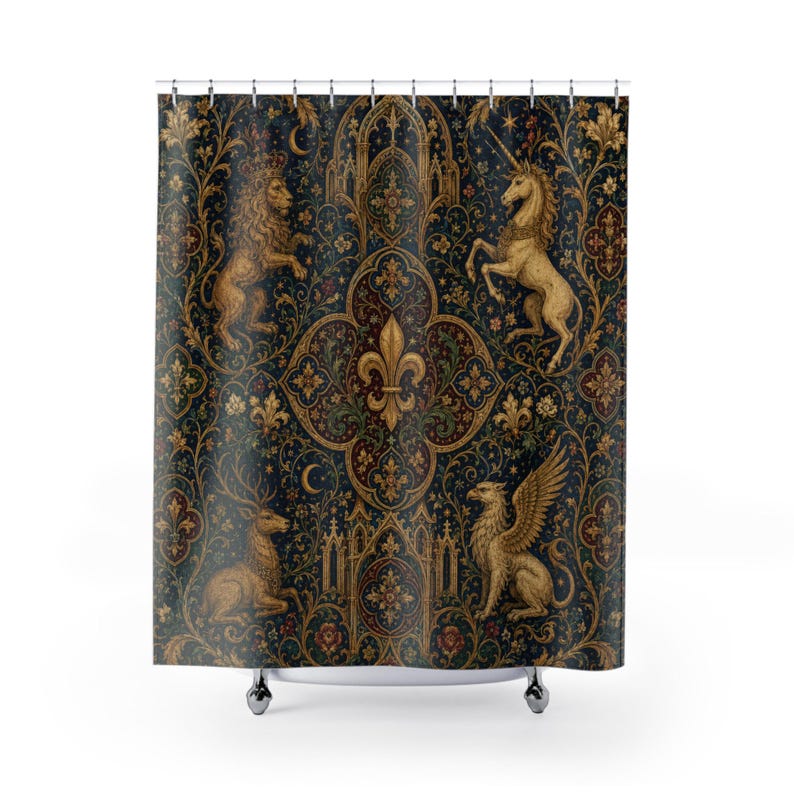 Medieval Shower Curtain, Gothic Heraldic Tapestry Bathroom Decor, Navy Gold Unicorn Lion Fleur de Lis Bath Curtain, Vintage Castle Gift image 1