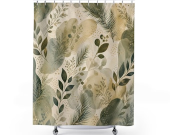 Green Botanical Shower Curtain, Beige Sage Bath Decor, Soft Leaf Abstract Pattern, Soft Organic Neutral Guest Bathroom Decor Style