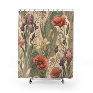 Art Nouveau Poppy Shower Curtain, Sage Coral Vintage Bathroom Decor, Iris Floral Bath Curtain, Guest Bathroom Decor, Small Bathroom Decor image 1