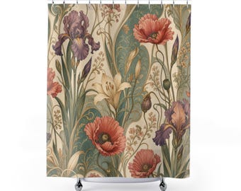 Art Nouveau klaproos douchegordijn, salie koraal vintage badkamerdecoratie, iris bloemen badgordijn, decoratie voor gastenbadkamer, decoratie voor kleine badkamer