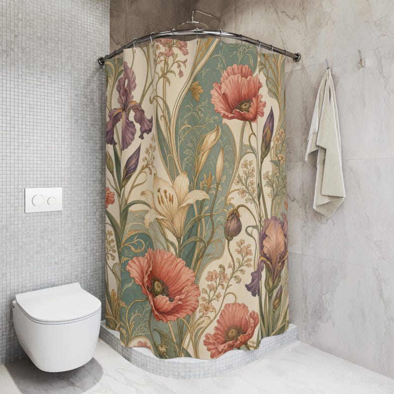 Art Nouveau Poppy Shower Curtain, Sage Coral Vintage Bathroom Decor, Iris Floral Bath Curtain, Guest Bathroom Decor, Small Bathroom Decor image 5