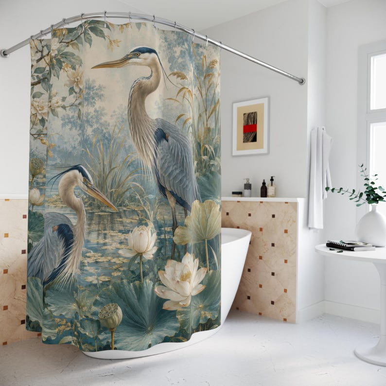 Blue Green Heron Shower Curtain, Lotus Pond Bird Bath Curtain, Botanical Floral Bathroom Decor, Chinoiserie Nature Art, Guest Bath image 2