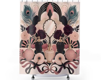 Cortina de ducha estilo boudoir, tocador de perfume Art Deco con jardín, decoración de baño en tonos rosa, negro y ciruela, declaración de estilo romántico y glamuroso para el baño de invitados