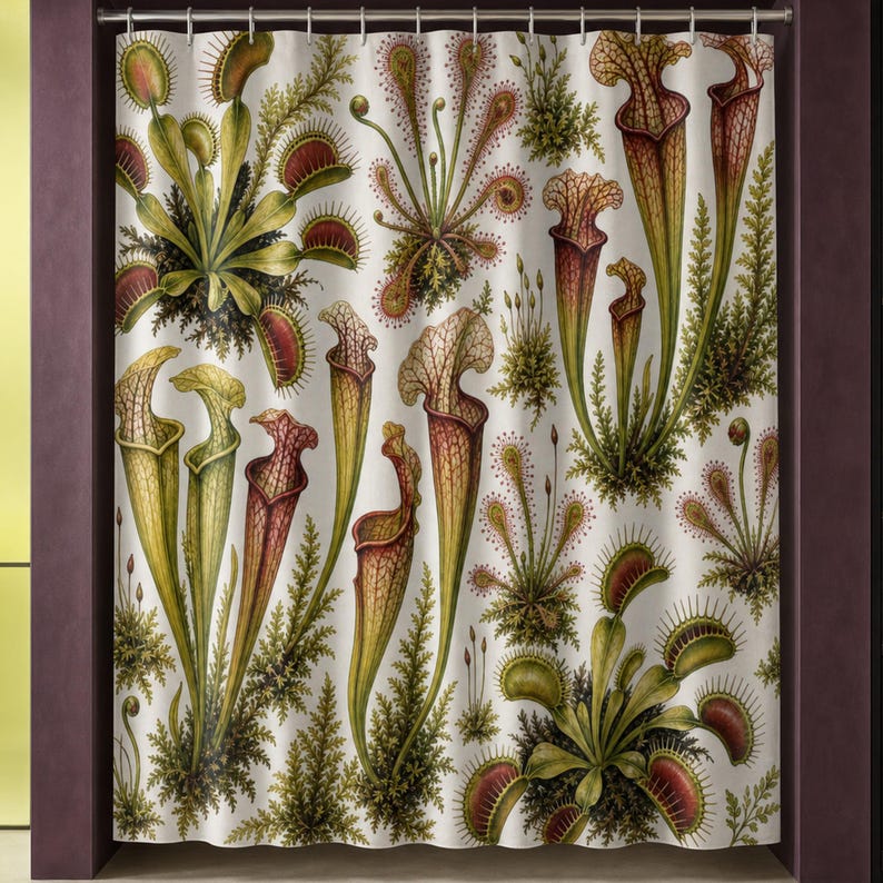 Venus flytrap and pitcher plant shower curtain in a luxury aubergine bathroom with citron glass and dark oak