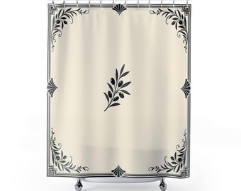 Cortina de ducha con borde negro, marco de esquina botánico color marfil, decoración de baño blanca estilo art déco, estilo minimalista a medida para el baño de invitados.
