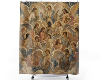 Tenda da doccia con coro di angeli, arte con schiere celesti, decorazioni celesti rinascimentali, accenti spirituali classici per il bagno, arte con angeli tra le nuvole per il bagno