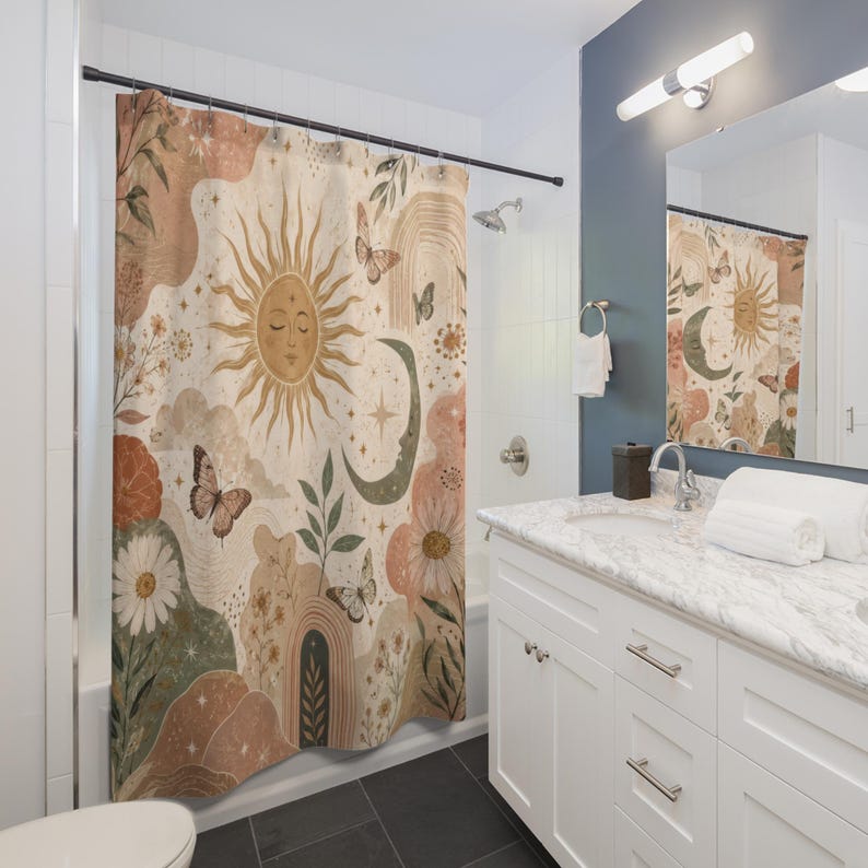 Aesthetic Shower Curtain, Boho Celestial Sun Moon Art, Blush Terracotta Sage Floral Butterfly Bathroom Decor, Artsy Cream Bath Curtain image 3