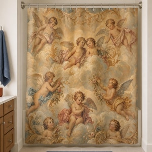 Renaissance cherub shower curtain in a warm-chalk bathroom with oak vanity and dusty-blue towel