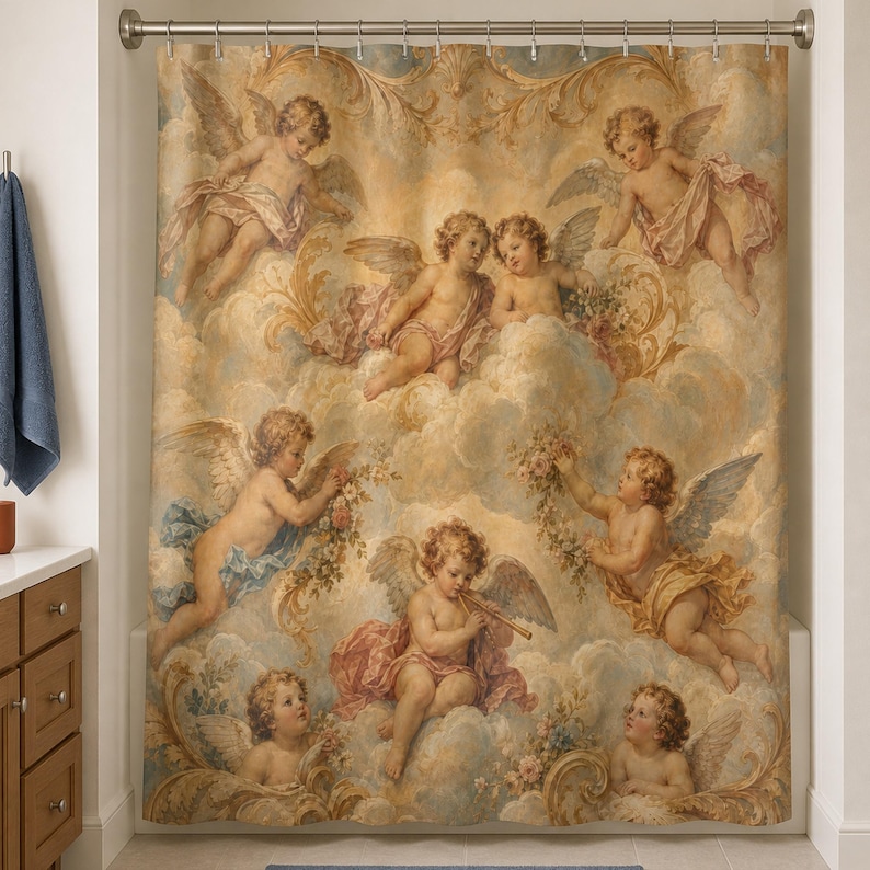 Renaissance cherub shower curtain in a warm-chalk bathroom with oak vanity and dusty-blue towel
