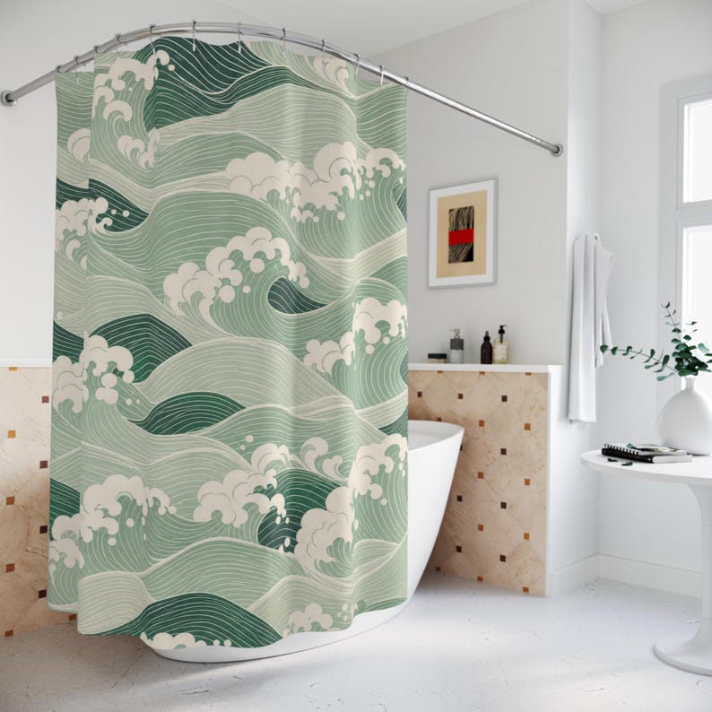 Green Wave Shower Curtain, Japanese Inspired Sage Seafoam Pattern, Coastal Bath Decor, Vintage Ocean Guest Bathroom Accent, Spa Style image 4