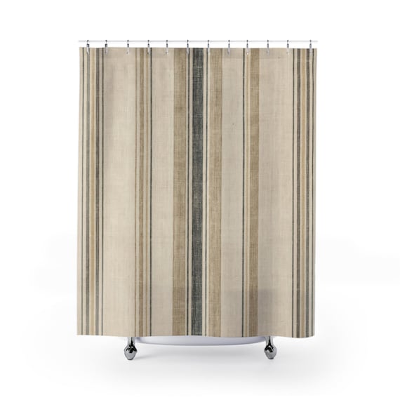 Farmhouse Stripe Shower Curtain, Oatmeal Grain Sack Bathroom Decor, Rustic Country Striped Bath Curtain, Neutral Vintage Guest Bath