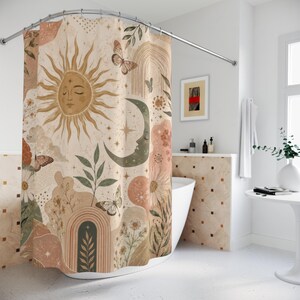 Aesthetic Shower Curtain, Boho Celestial Sun Moon Art, Blush Terracotta Sage Floral Butterfly Bathroom Decor, Artsy Cream Bath Curtain image 2