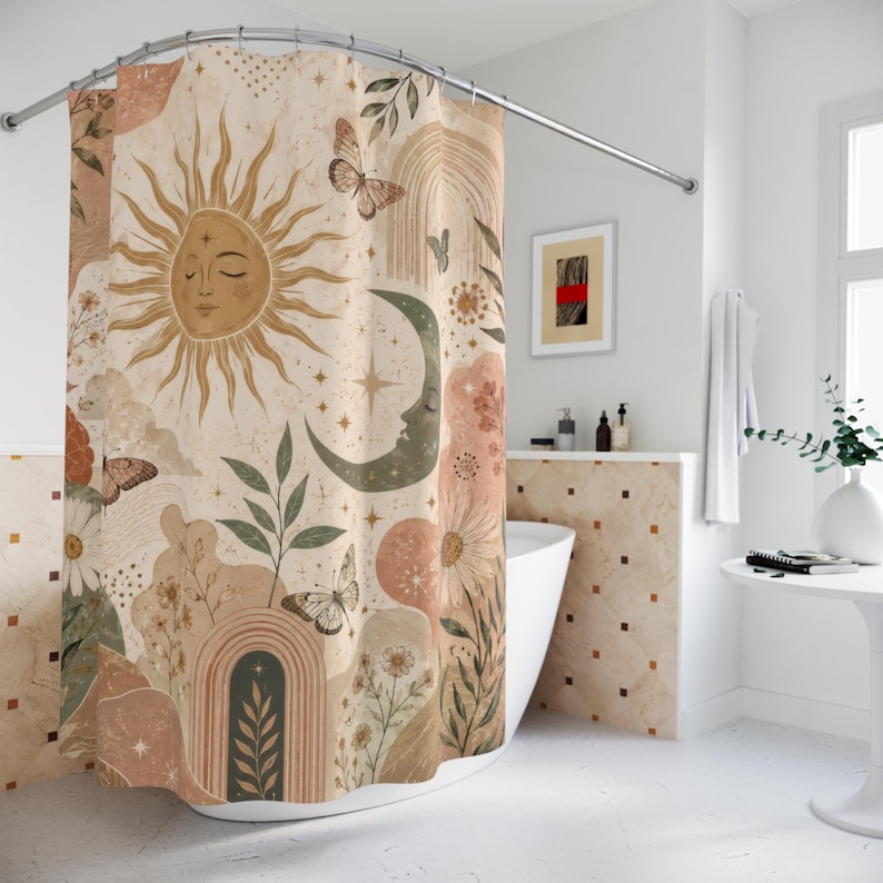 Aesthetic Shower Curtain, Boho Celestial Sun Moon Art, Blush Terracotta Sage Floral Butterfly Bathroom Decor, Artsy Cream Bath Curtain image 2