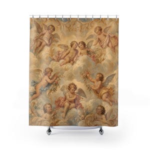 Cherub Shower Curtain, Renaissance Putti Angel Art, Cream Blush Heavenly Cloud Decor, Classical Bathroom Accent, Vintage Soft Bath Art image 1