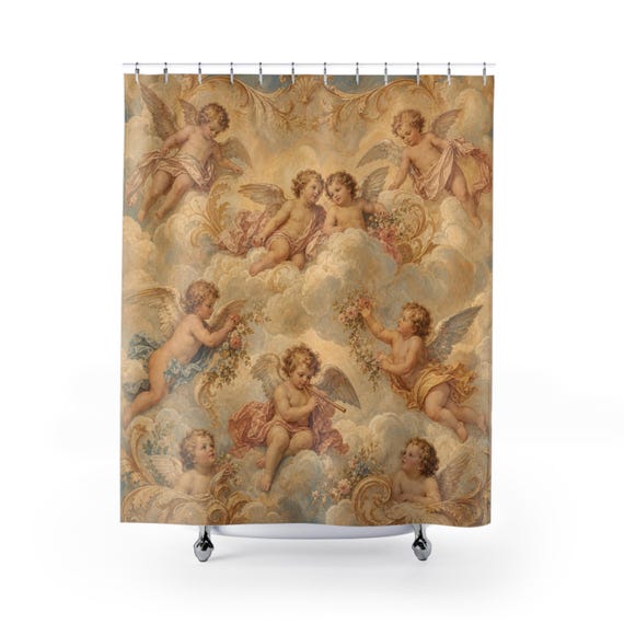 Cherub Shower Curtain, Renaissance Putti Angel Art, Cream Blush Heavenly Cloud Decor, Classical Bathroom Accent, Vintage Soft Bath Art