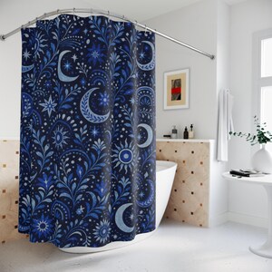 Navy Celestial Shower Curtain, Navy Blue Moon Bathroom Decor, Celestial Floral Bath Curtain, Guest Bath Decor, Small Bathroom Decor image 4