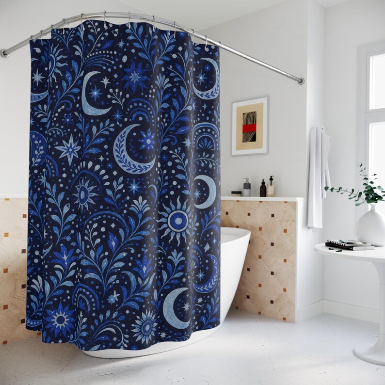 Navy Celestial Shower Curtain, Navy Blue Moon Bathroom Decor, Celestial Floral Bath Curtain, Guest Bath Decor, Small Bathroom Decor image 4