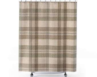 Plaid Shower Curtain, Mushroom Sage Farmhouse Bathroom Decor, Green Neutral Bath Curtain, Rustic Country Guest Bath, Powder Room Decor