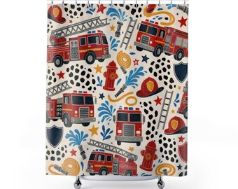 Cortina de ducha con diseño de camión de bomberos, decoración roja para baño infantil, cortina de baño de bombero, decoración para baño de niños, estampado de camión, decoración de baño, estilo divertido