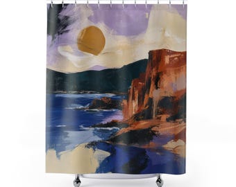 Cortina de ducha artística, paisaje costero abstracto pictórico, decoración de baño en azul cobalto y óxido, arte contemporáneo para el baño de invitados