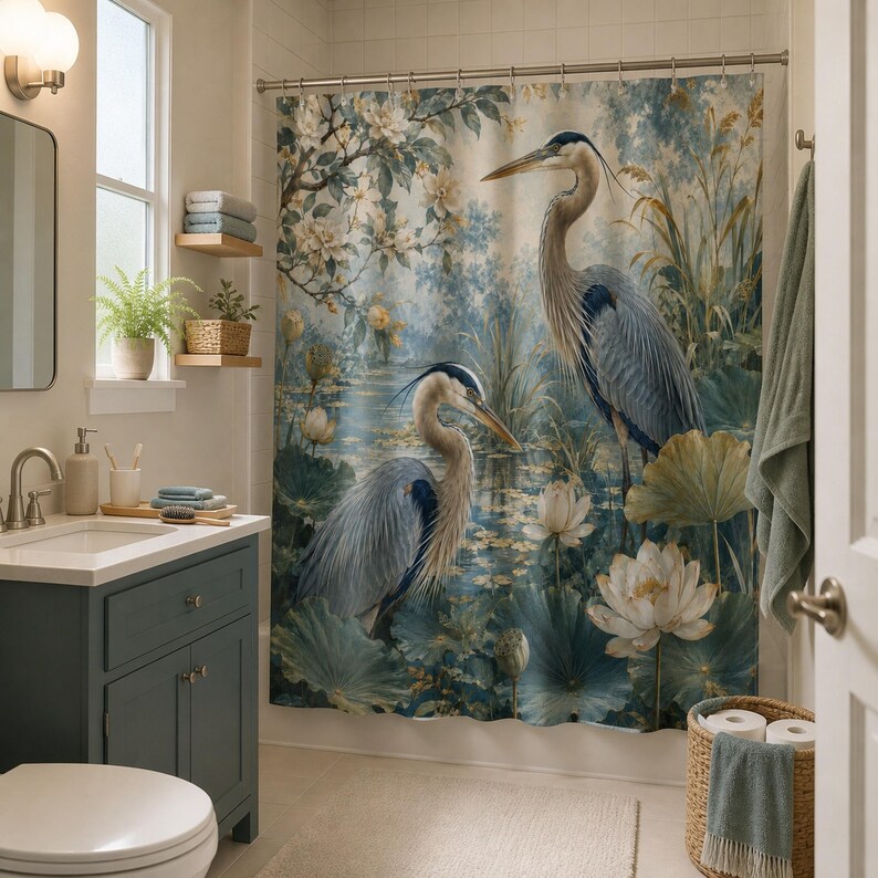 Blue green heron and lotus shower curtain in an attainable teal guest bathroom