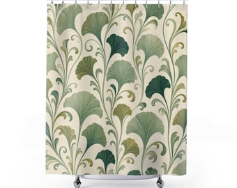 Green Botanical Shower Curtain, Art Nouveau Ginkgo Leaf Pattern, Sage Cream Vintage Bath Decor, Elegant Guest Bathroom Accent, Plant Bath