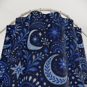 Navy Celestial Shower Curtain, Navy Blue Moon Bathroom Decor, Celestial Floral Bath Curtain, Guest Bath Decor, Small Bathroom Decor image 2