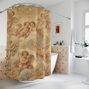 Cherub Shower Curtain, Renaissance Putti Angel Art, Cream Blush Heavenly Cloud Decor, Classical Bathroom Accent, Vintage Soft Bath Art image 4